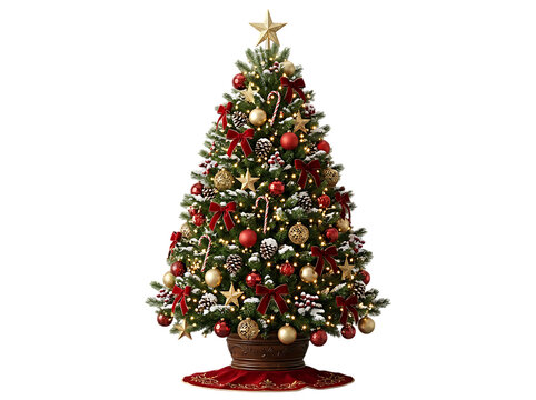 Decorated Christmas tree with red and gold ornaments, festive holiday pine, isolated on white