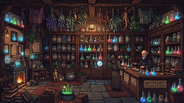 Medieval apothecary shop interior featuring glowing colorful potion bottles and herbs