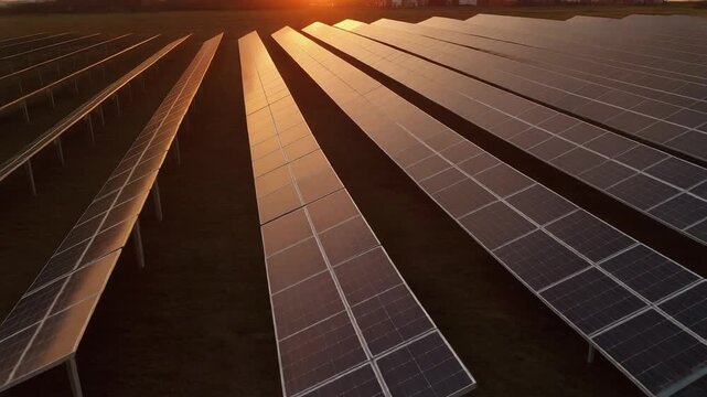 Captivating aerial perspective showcases endless rows of photovoltaic panels stretching towards a warm, golden sunset on a vast open field, symbolizing renewable energy generation