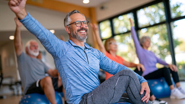Senior men and women smiling naturally while completing a guided Pilates routine with stability balls, focus on balance strength flexibility and social wellness, active healthy aging lifestyle, spac