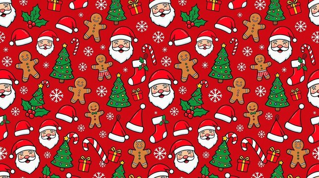Christmas seamless pattern illustration with santa gingerbread man and tree on red background
