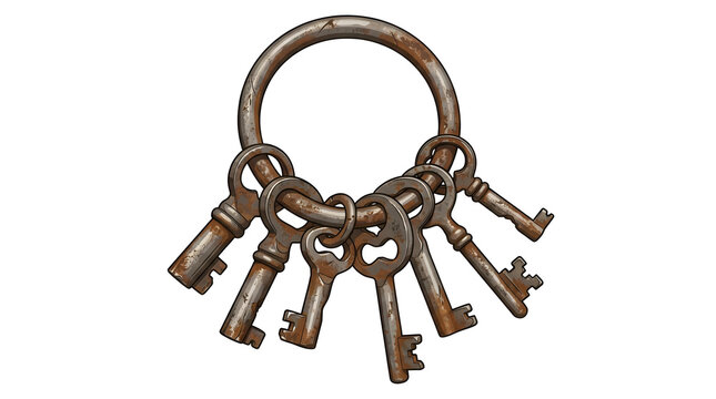 Rusty iron key ring holding several old antique keys with weathered textures for dungeon theme design isolated on a transparent background vector asset.