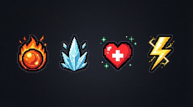 Pixel art elements featuring magical fire ice health and lightning icons