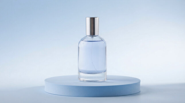 Glass fragrance bottle featuring a silver spray top positioned on a blue