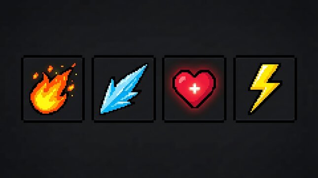 Pixel art game icons displaying fire ice heart and lightning bolts