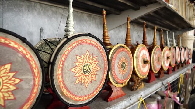 Row of small traditional Thai drums featuring painted Garuda and lotus patterns on a shelf.
