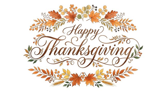 A beautiful and heartwarming thanksgiving illustration featuring autumnal leaves and elegant calligraphy wishing everyone a joyous holiday season