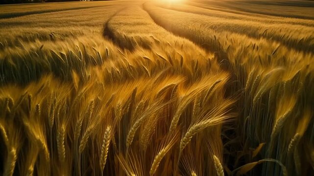 Golden wheat fields shimmer under the warm glow of a setting sun, with gentle breezes rustling through the stalks, creating a tranquil and picturesque agricultural panorama during harvest season
