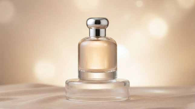 Amber liquid perfume bottle with silver cap on a glass pedestal