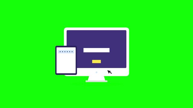 Animated 2d graphic showing two step authentication verification with password code entry on computer and mobile device for internet security and data protection.