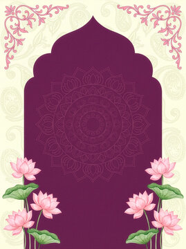 Purple Mughal Arch Frame with Pink Lotus Flowers and Mandala