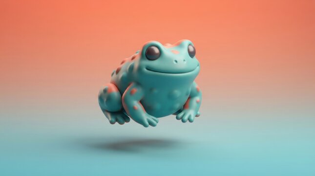 Cute blue 3D render of a small frog with orange spots isolated on a soft gradient background
