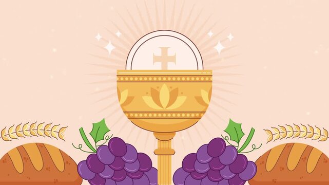 Christian Communion Table with Bread, Wheat, Grapes, Cross and Baptism Water Bowl Animation Video
