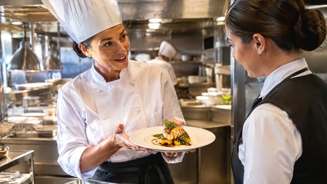 Female chef handing a plate of food to a server in a professional cruise ship kitchen