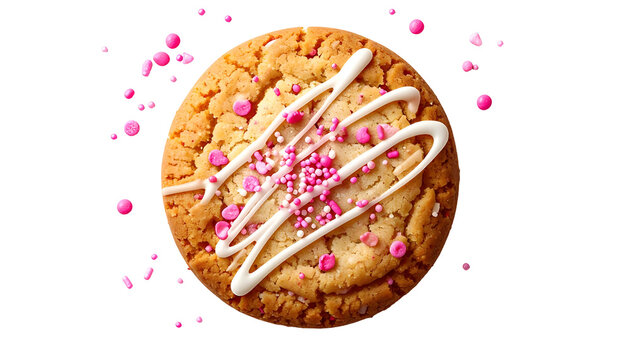 Overhead view of a circular, textured cookie with white icing drizzle and pink sprinkles