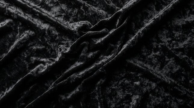 Luxury Dark Black Crushed Velvet Fabric Texture Background with Deep Rippled Folds and Elegant Shimmering Surface