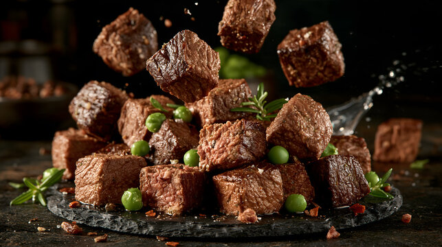 Extreme macro photography of premium pet food freeze-dried raw beef cubes and fresh green peas, falling dynamically with salt and herbs, dark slate background