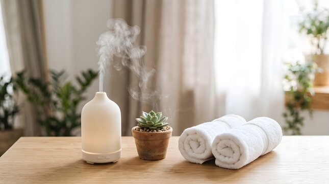 Essential oil diffuser emitting &hellip; 2K 20260917163220 stock illustration concept background