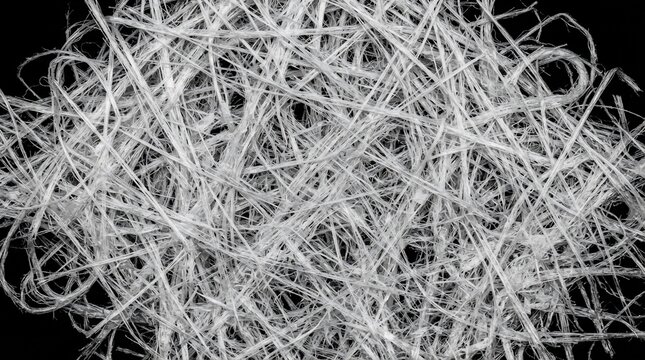 Abstract industrial texture of white fiberglass strands and tangled glass fibers on black background for construction materials.