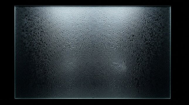 Textured frosted glass panel with condensation and water droplets against a dark background for industrial design.