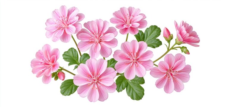 Delicate pink Lewisia rediviva flowers showcase soft petals and vibrant green leaves on a crisp white background.