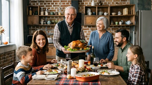 A heartwarming thanksgiving gathering showcases a multigenerational family sharing a delicious feast and creating lasting memories together