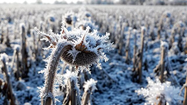 Frozen sunflower field in winter, frost covered stalks and seed heads, agricultural landscape