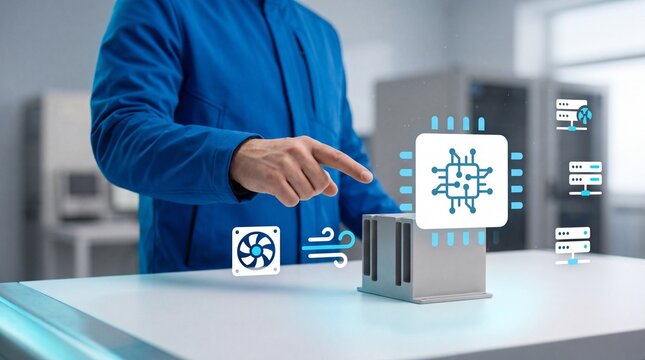 Technician pointing at a server component with digital cooling and processor icons in a data center with technician interacts digital overlay computer processor cooling system server room