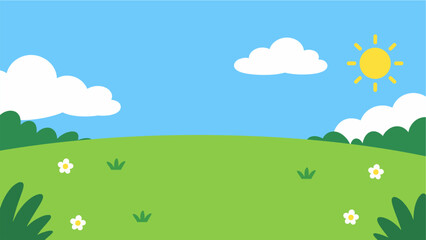 Obraz premium Cartoon green field landscape background with sun clouds and flowers