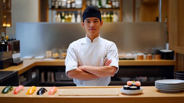Young confident Japanese sushi chef in white uniform posing behind a sushi bar with fresh nigiri and maki rolls