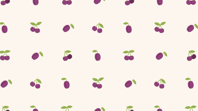 Repeating fruit pattern with flat plums and cherry pairs on a warm cream ground