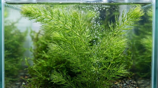 Hornwort plant growing underwater inside a home fish tank, lush green foliage, natural aquatic environment