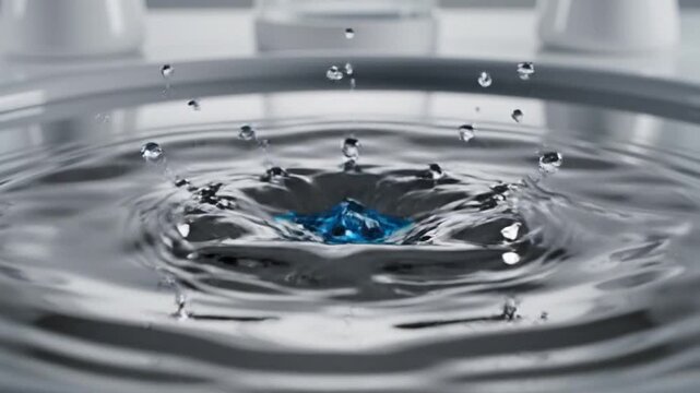 A crisp water droplet creates a perfect crown splash in a circular ripple on a clean liquid surface