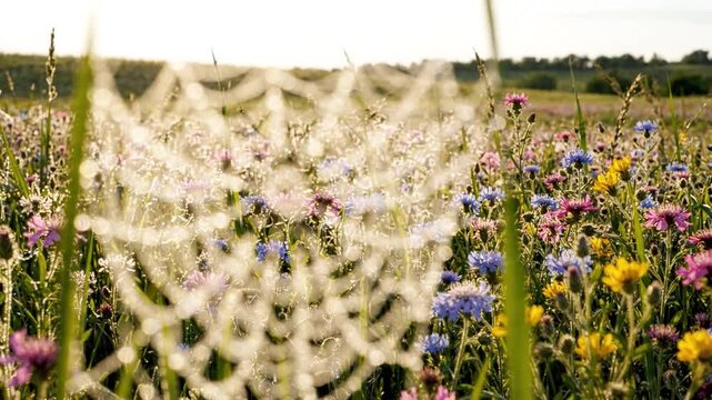 Dewdrops on a Spiderweb in a Field of Wildflowers at Sunrise