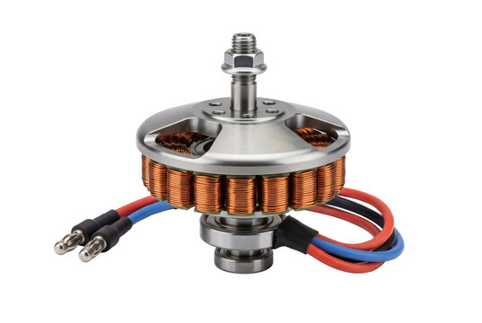 Brushless DC electric drone motor on transparent background, high torque multirotor outrunner motor with exposed copper stator windings and power leads. Aerospace hardware delivers propulsion.