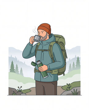 Flat Vector Illustration of Backpacker Drinking Tea in Spring Mist