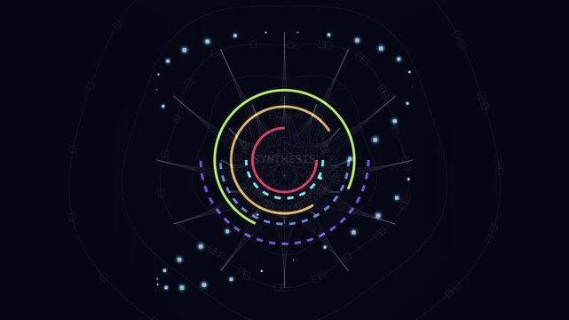 Abstract Digital Spiral with Colorful Rings and Dots on Dark Background