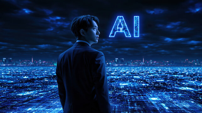 Man in suit futuristic city glowing ai digital landscape night sky blue light technology concept back view standing figure innovation theme