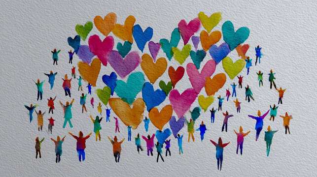 A heart made of vibrant, people standing in different poses