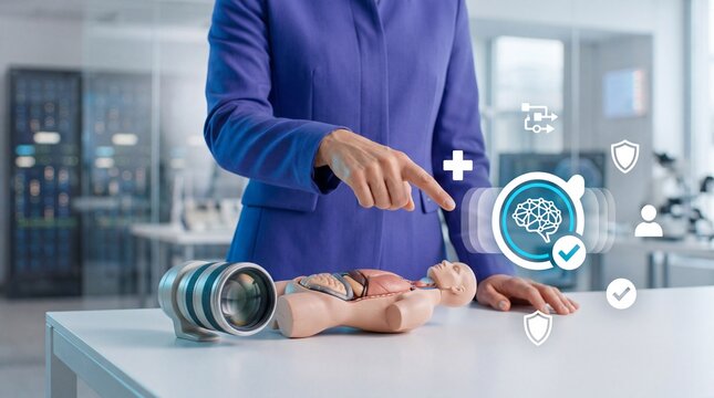A researcher pointing at a digital brain icon next to an anatomical model with professional suit interacts medical mannequin camera person professional brain interface with intelligence