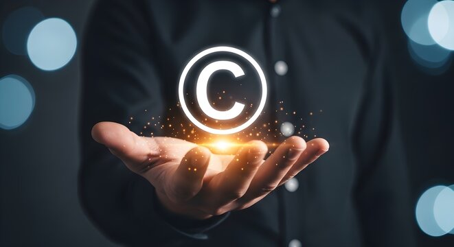 Intellectual Property Protection glowing copyright symbol hovering over a businessman's hand with golden sparks ideal for legal services and digital rights management.