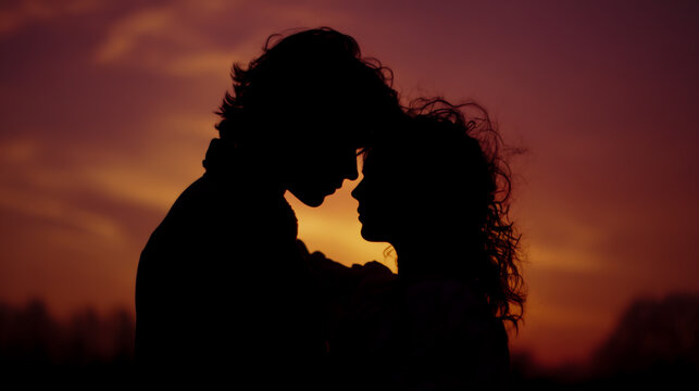 A silhouette of two lovers in profile