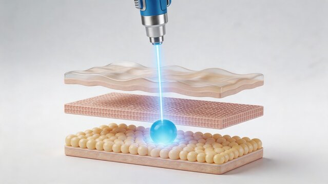 3D illustration of blue laser beam targeting a deep sphere in skin subcutaneous layers.