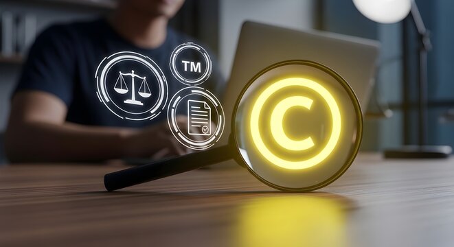 Intellectual Property Protection Concept with magnifying glass focusing on glowing copyright symbol and legal icons, ideal for legal services and digital rights management.