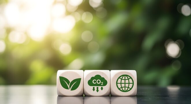 Sustainable Future Concept featuring wooden blocks with green icons of leaves, CO2 reduction, and globe against blurred nature background ideal for environmental reports and ESG marketing.
