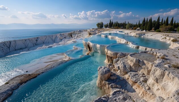 White travertine thermal terraces with bright blue water overlooking a calm blue sea, straight cypress trees, resort landscape, sunny summer day.