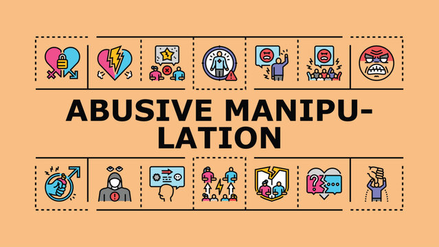 Abusive manipulation banner infographic. Abuse guilt, deceit dependency, gaslighting threat icon vector illustration
