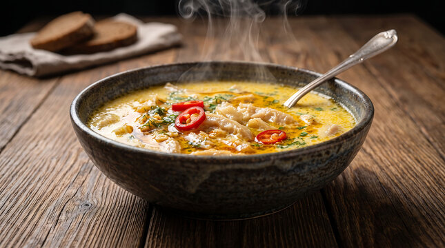 Hyper Realistic 9K Low Hero Angle Close Up Moldovan Ciorba de Burta Tripe Soup Food Photography