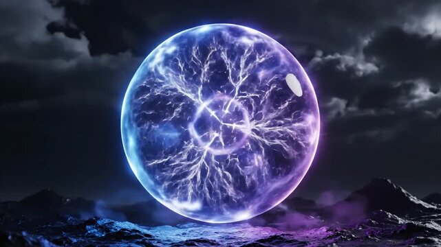 A shimmering sphere of pure ozone gas hovering above a dark and rocky alien landscape under a stormy night sky.