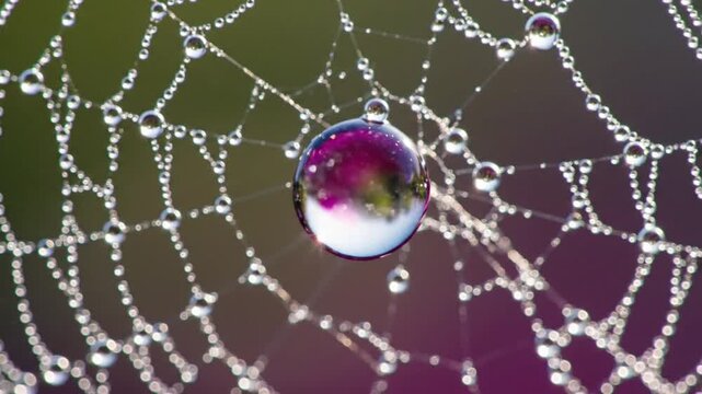 A single magenta flower reflected inside a glistening dewdrop hanging from a delicate gossamer spiderweb thread